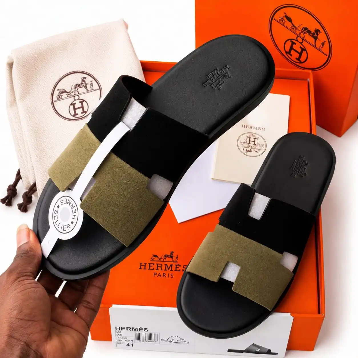 Hermes Leather Army Green and balck Slippers 7