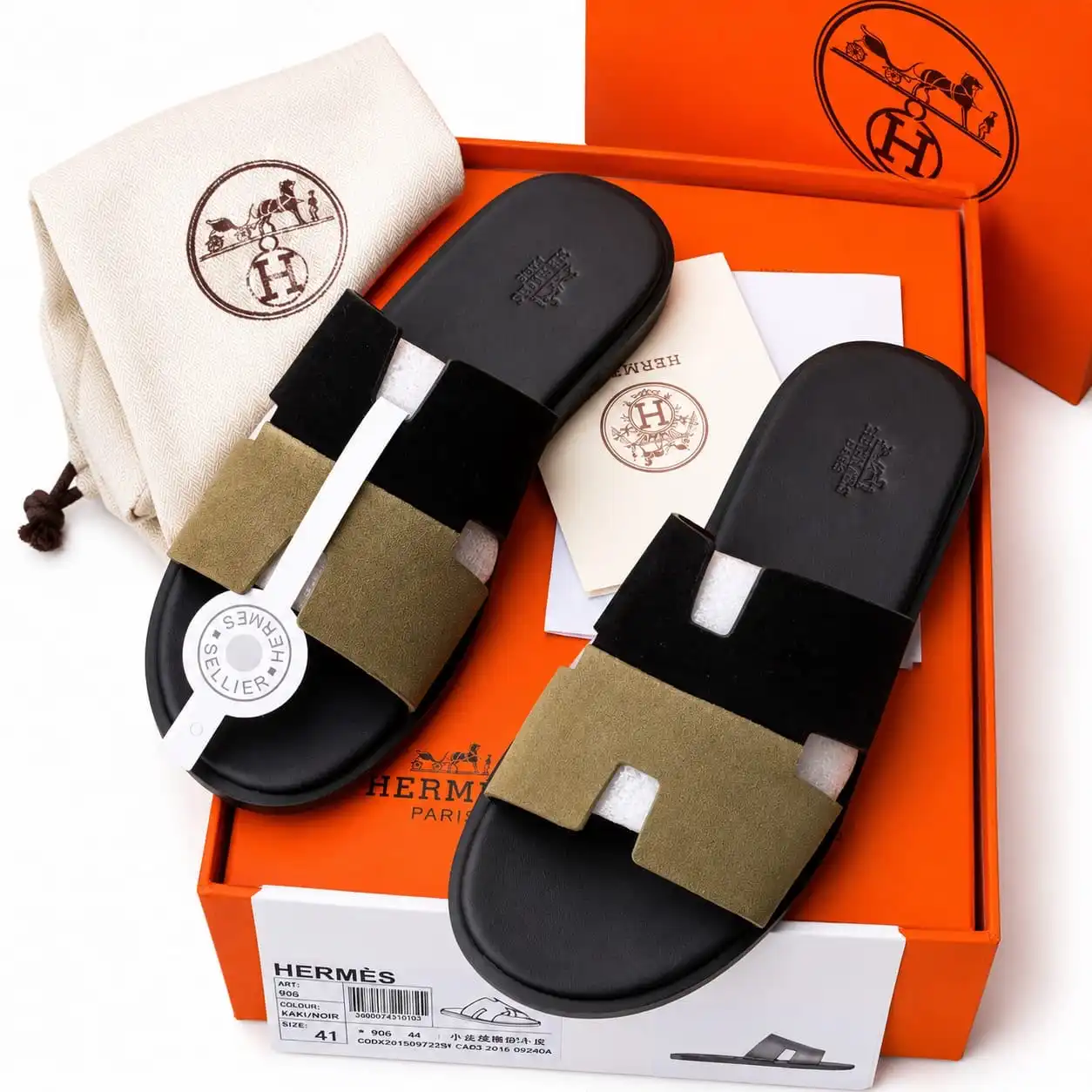 Hermes Leather Army Green and balck Slippers 8