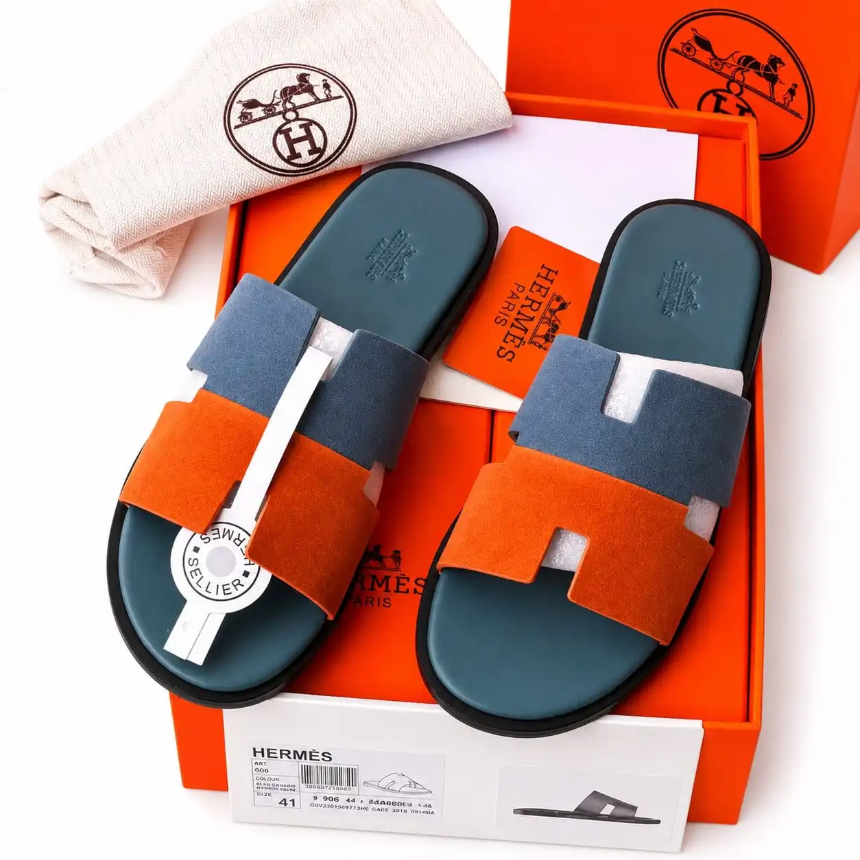 Hermes Leather Slippers Ash and Orenge 3