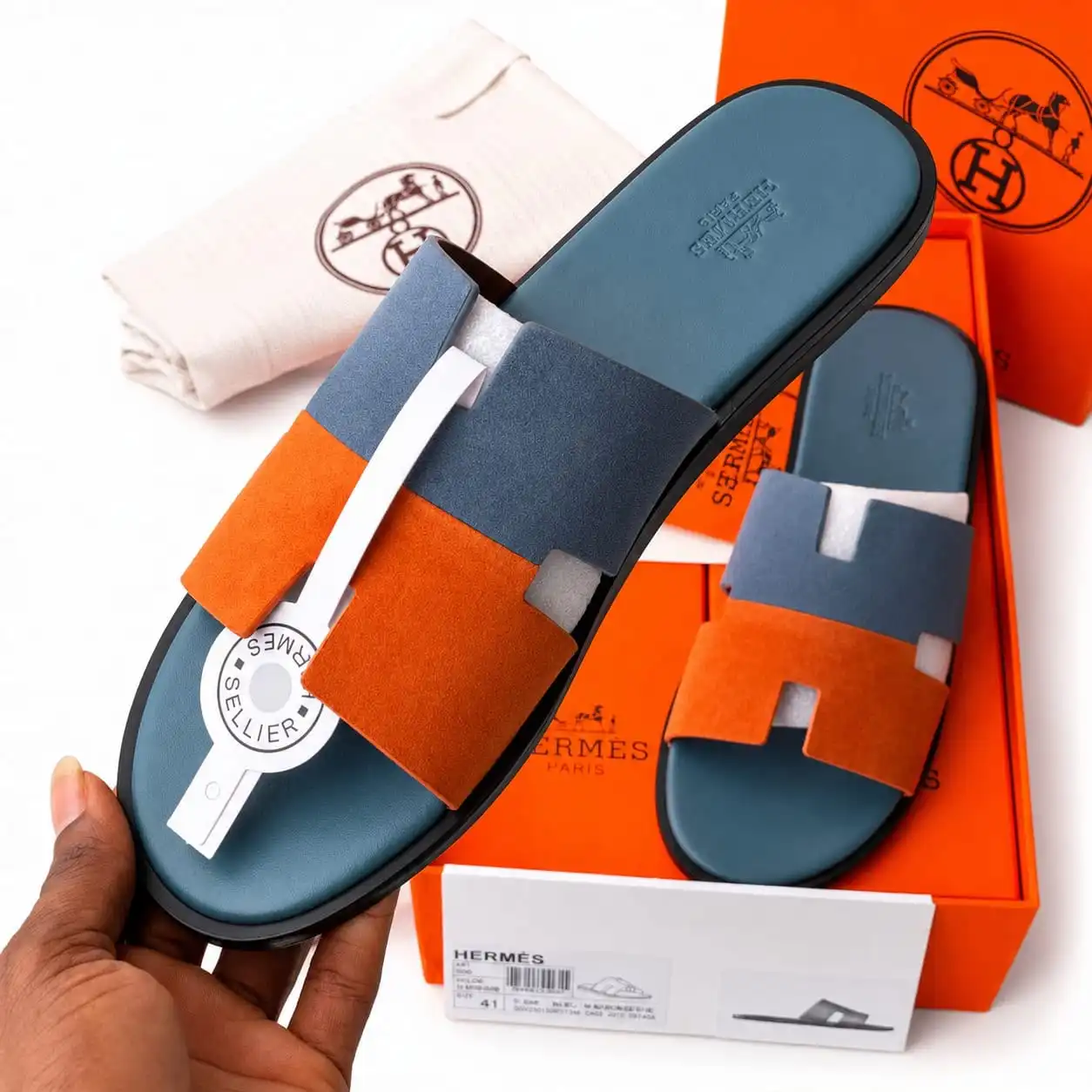 Hermes Leather Slippers Ash and Orenge 4