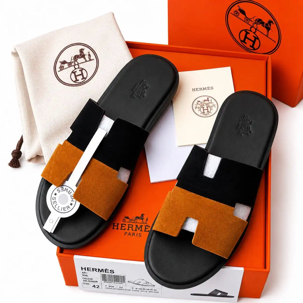 Hermes Leather Slippers Brown and Black 6