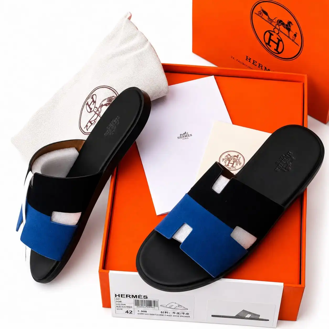 Hermes Leather blue Slippers (2)